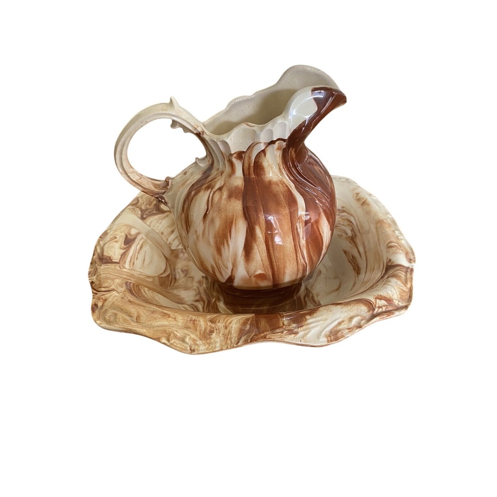 Alaskan Clay‎ Pottery Basin & Pitcher Red Clay And White Signed 1983